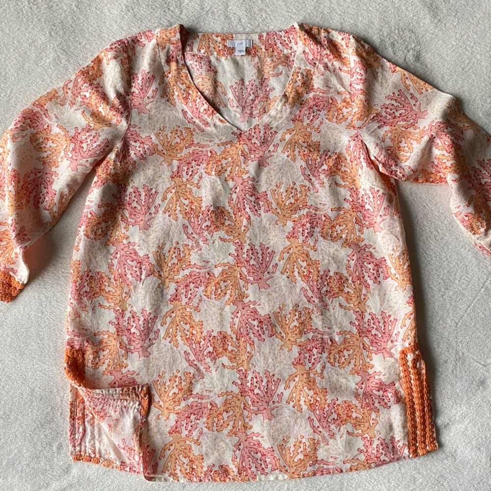 𪸠J. Jill sz.S Orangeâ Multi Linen Blend Coral Reef Print Tunic Top Blouse - Picture 9 of 16